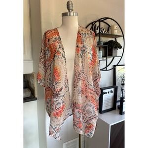Cejon Kimono Open Front Sheer Bohemian‎ wrap Cover Up Orange Grey Shrug One Size